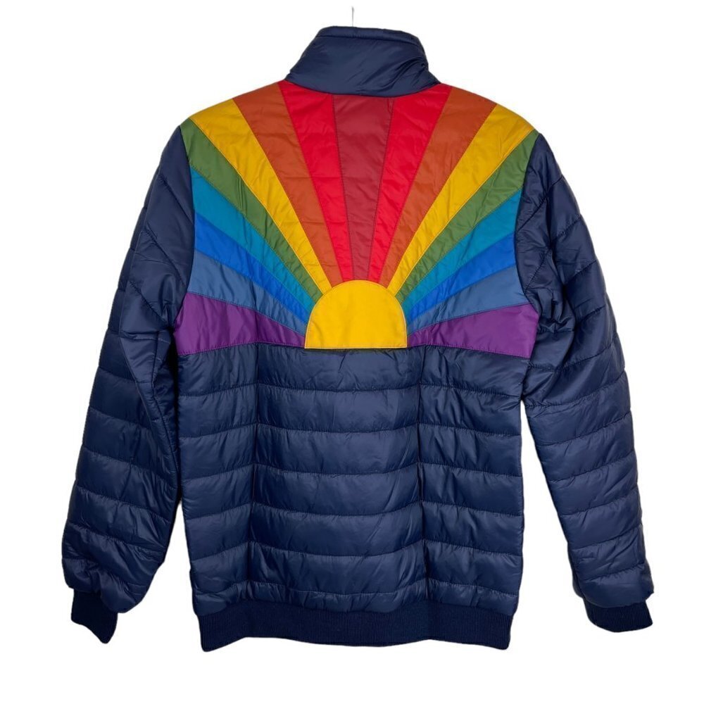 Aviator Nation Sunburst Full Zip Puffer Jacket with Faux Fur Collar Navy Size L